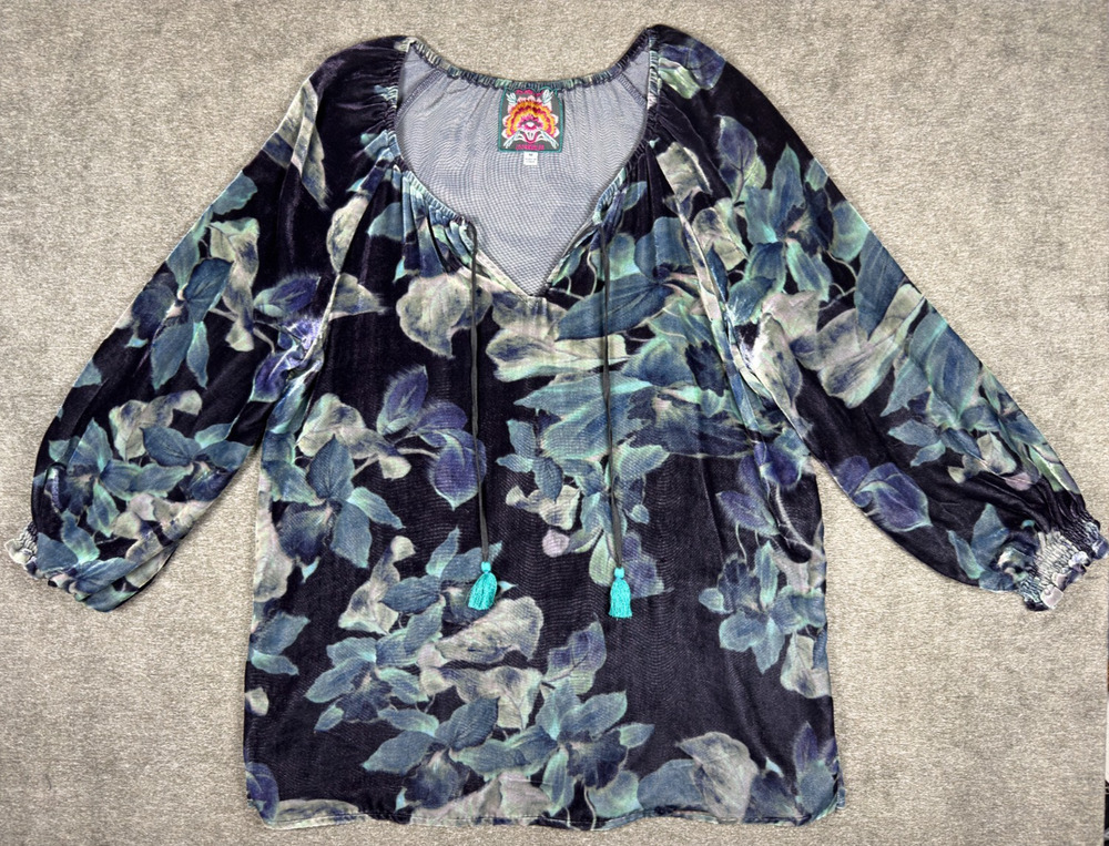 JOHNNY WAS Velvet Silk Glowing Iris M Bishop Sleeve Boho Peasant Blouse Blue